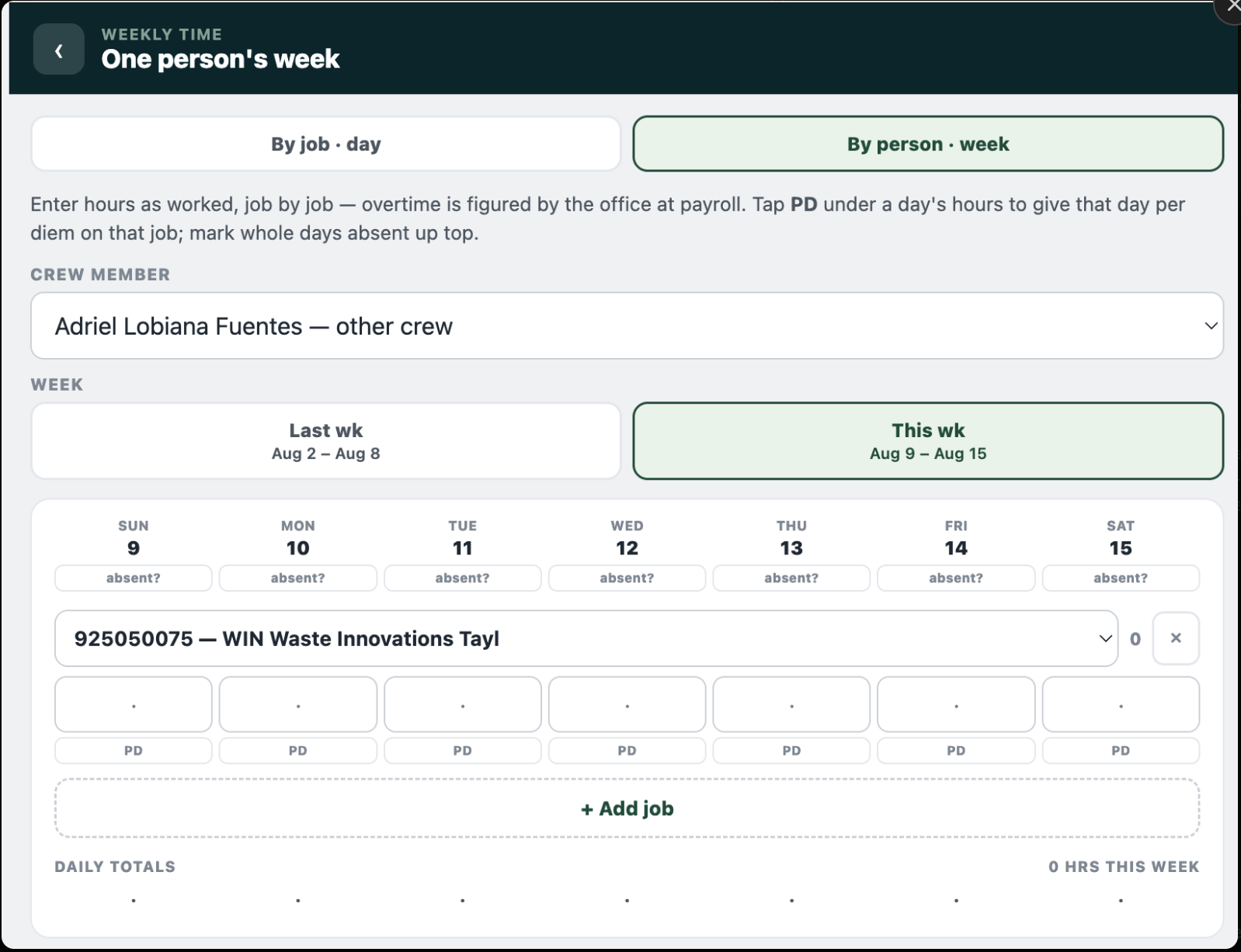 Time entry — by person, week